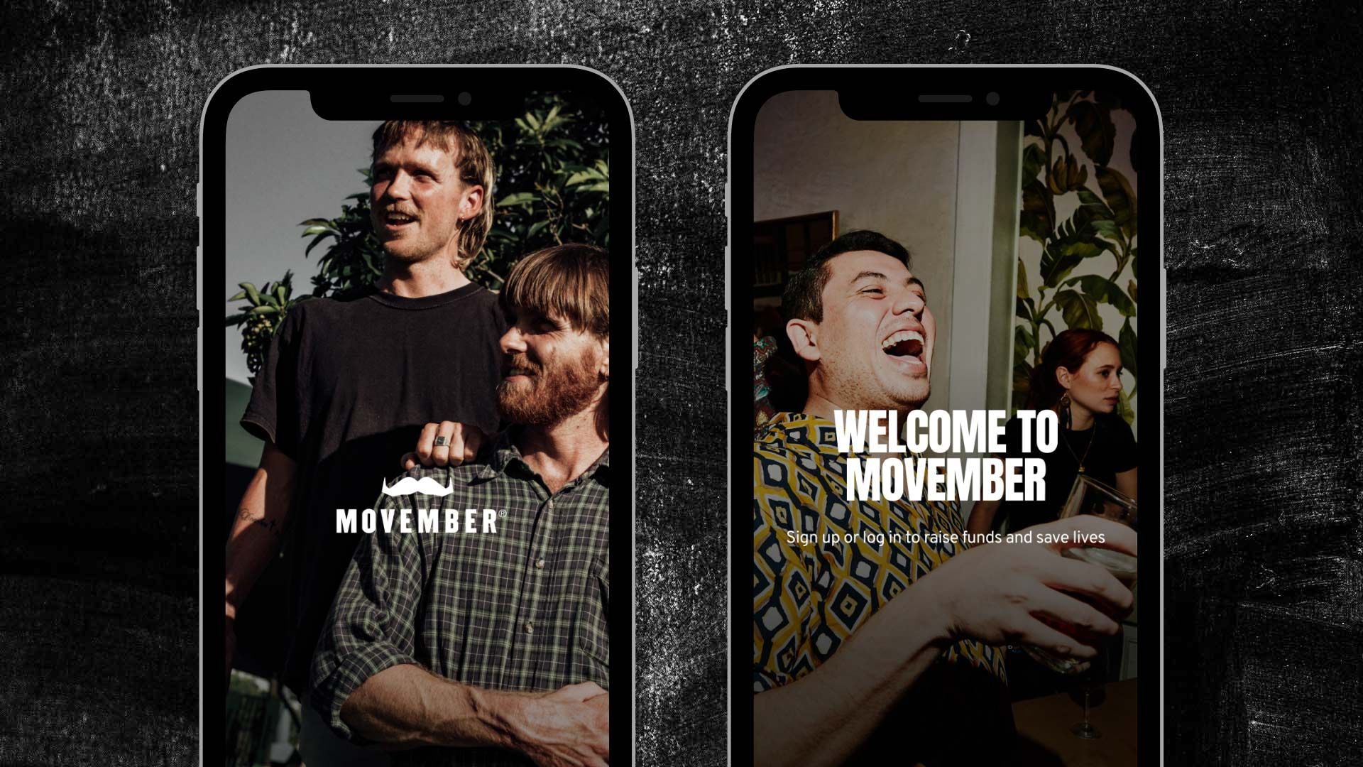 Images of a smartphone, showing the opening screens for the Movember app.