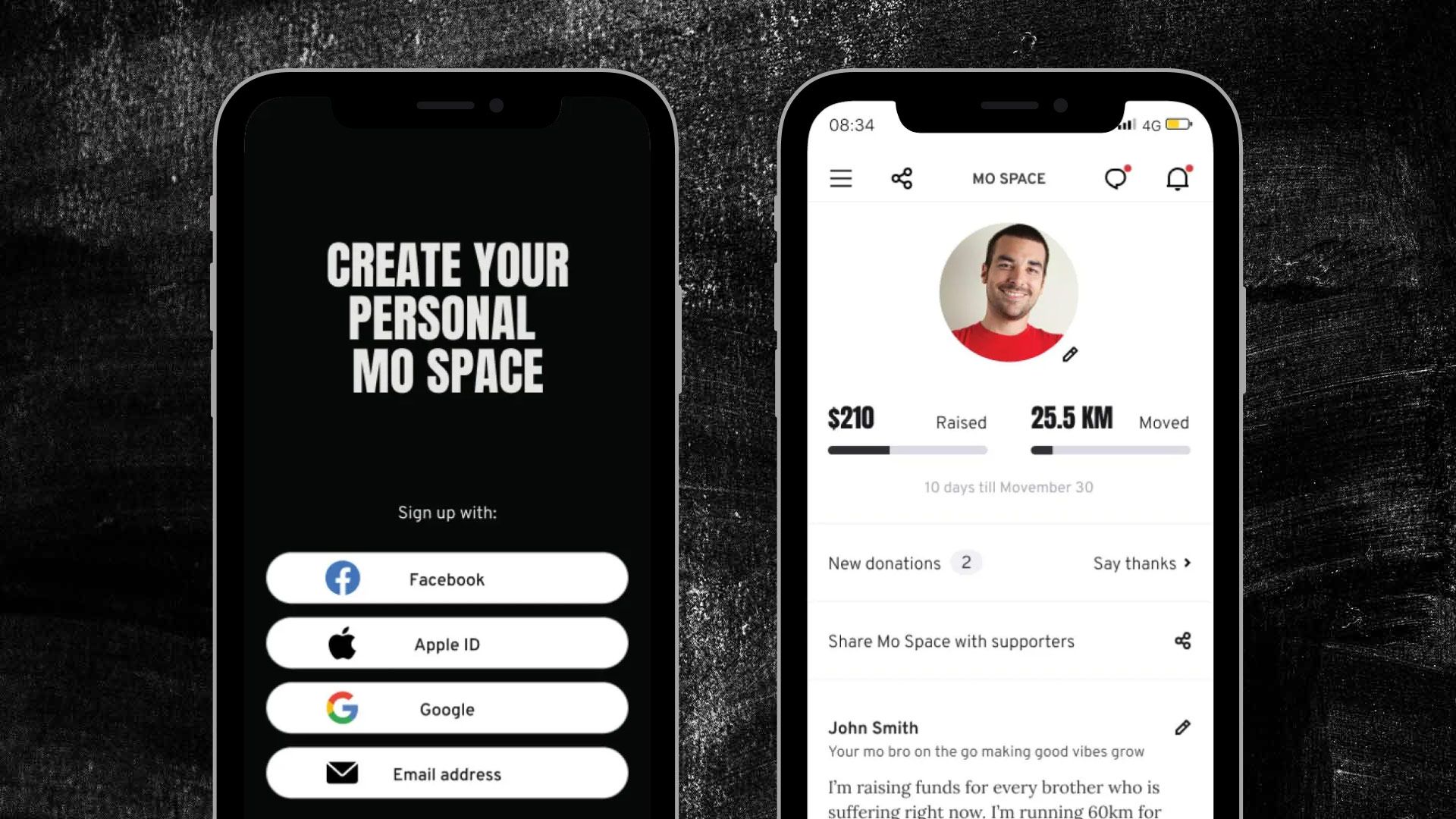 Images of two smartphones, showing two screens for the Movember app. These are the "Create Your Personal Mo Space" screen, and a view of a user's Mo Space.