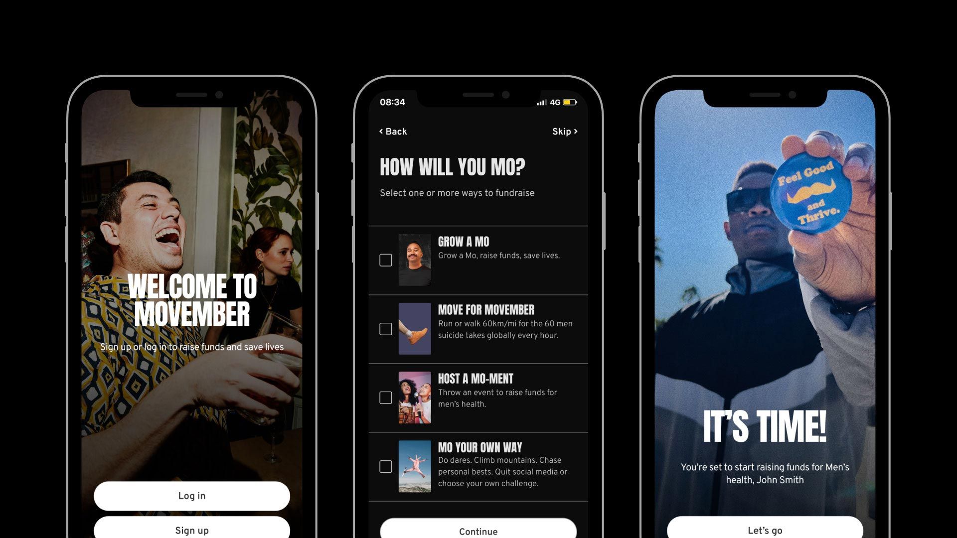 Three black and white screen captures of the Movember app.